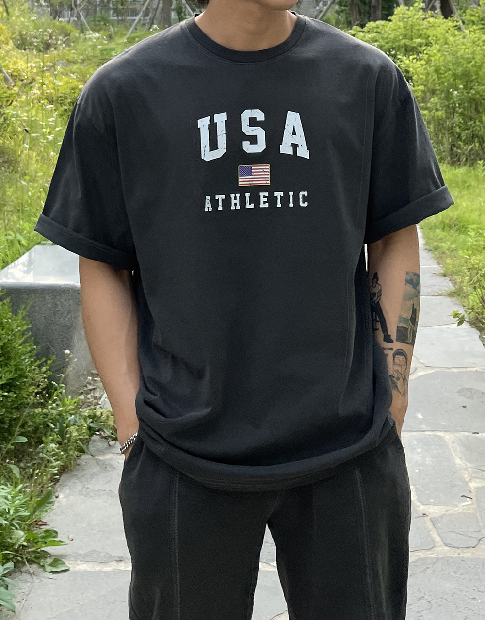 오버핏 USA 피그먼트 티셔츠